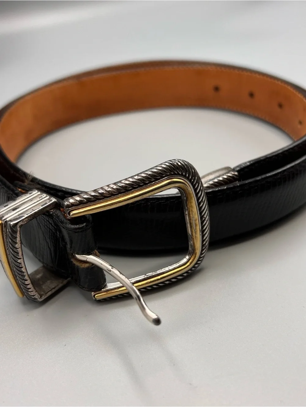 1996 Brighton onyx black eel or snake skin size 34 two tone metal buckle silver